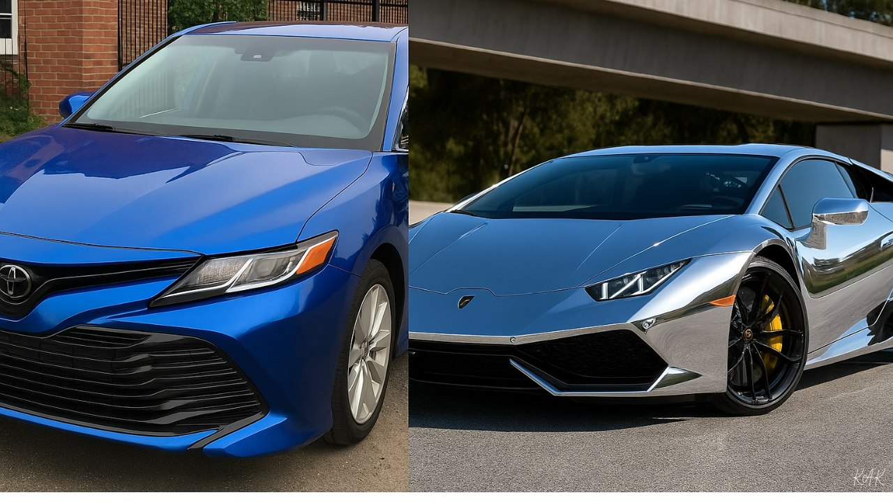 Gloss vinyl wrap on a Toyota Camry ($2,800) vs. full chrome wrap on a Lamborghini Huracán ($9,500).